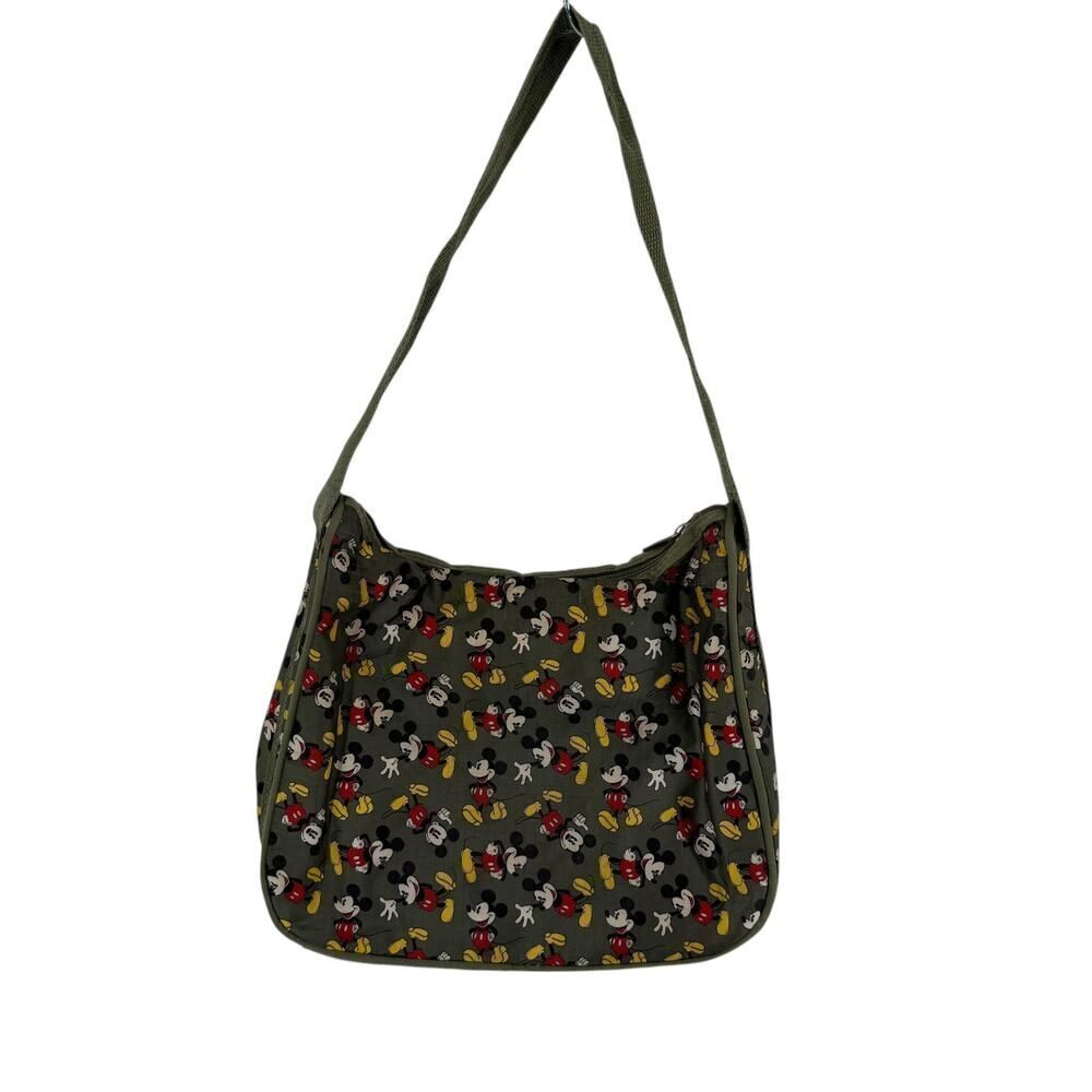 Disney Mickey Mouse Shoulder Bag Olive Green Nylon Purse Classic Cartoon Casual